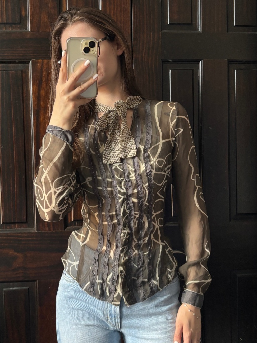 For Love & Liberty Women’s S 100% Silk Blouse Lace Up Back Tie Neck Printed